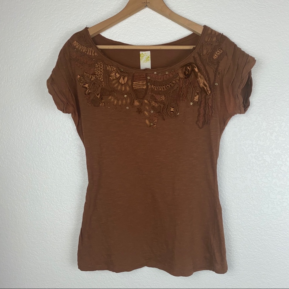 Anthro C. Keer Ribbon Embroidered Floral Beaded Embellished T-Shirt Tee Shirt - Picture 9 of 11
